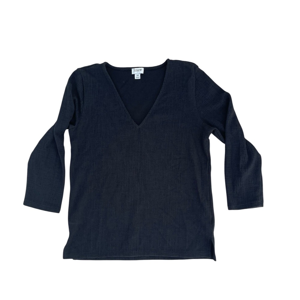 J.Crew Womens XS Black Textured V-Neck 3/4 Sleeve Side Slit Top